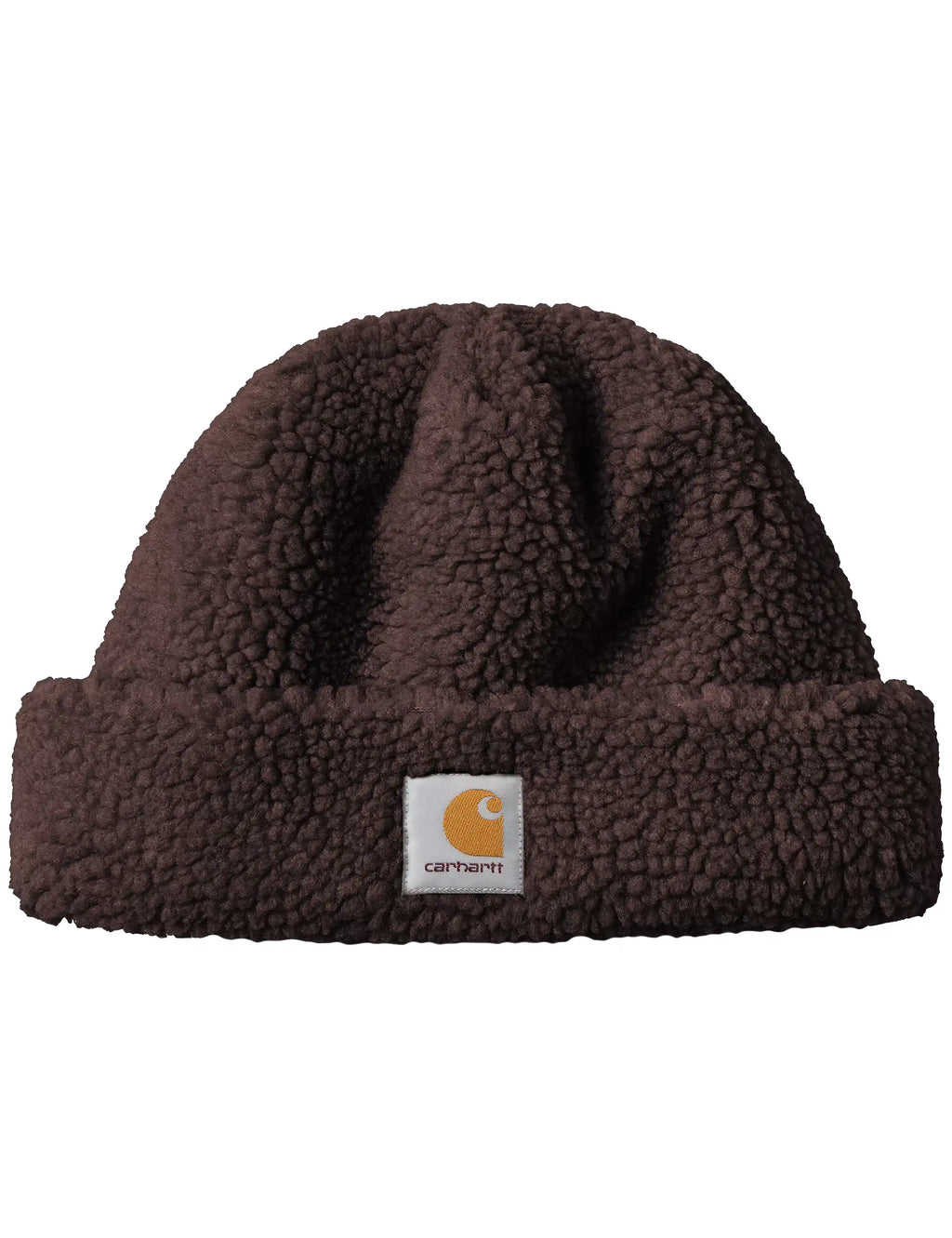 Dark brown sherpa beanie hat with Carhartt logo patch