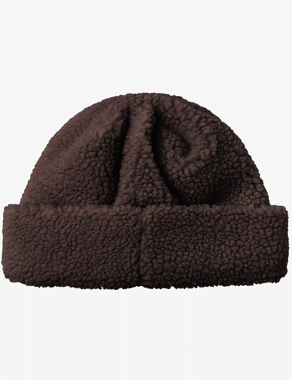 Dark brown sherpa beanie hat with top fold pleats and Carhartt logo patch