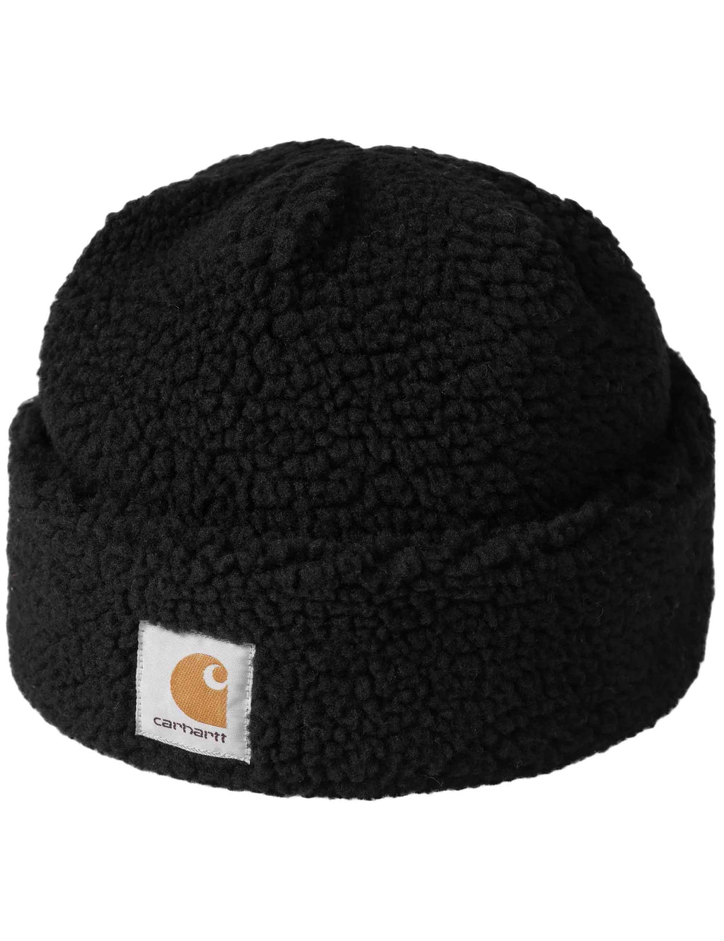 Black beanie hat with Carhartt logo patch and fold-over cuff