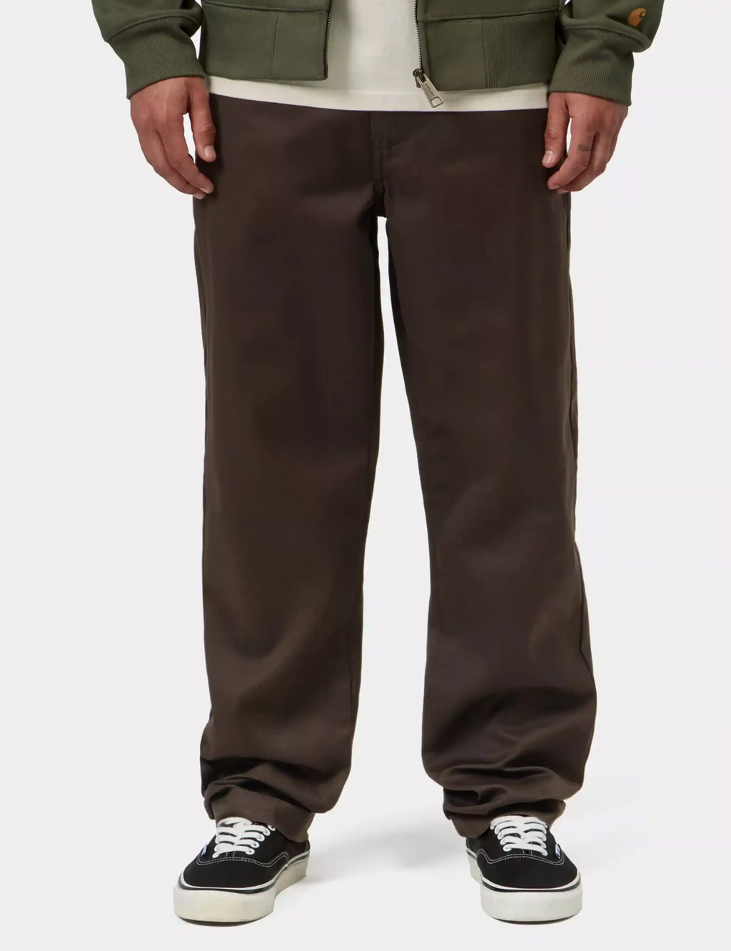 Tobacco brown relaxed-fit pants with tapered legs and elastic cuff hems