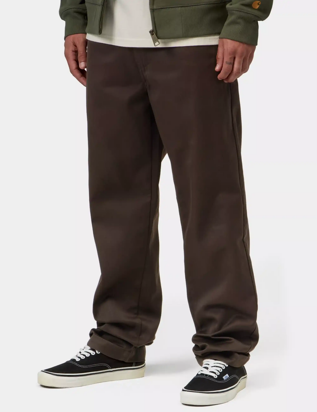 Tobacco brown work pants with straight legs, stitched seams, and elastic cuff hems