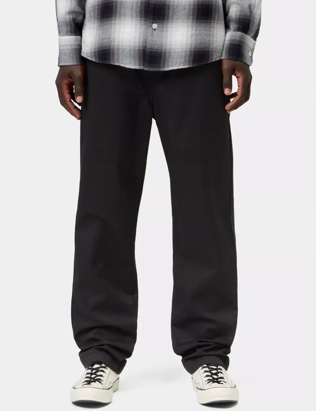 Black straight-leg trousers with belt loops and side pockets