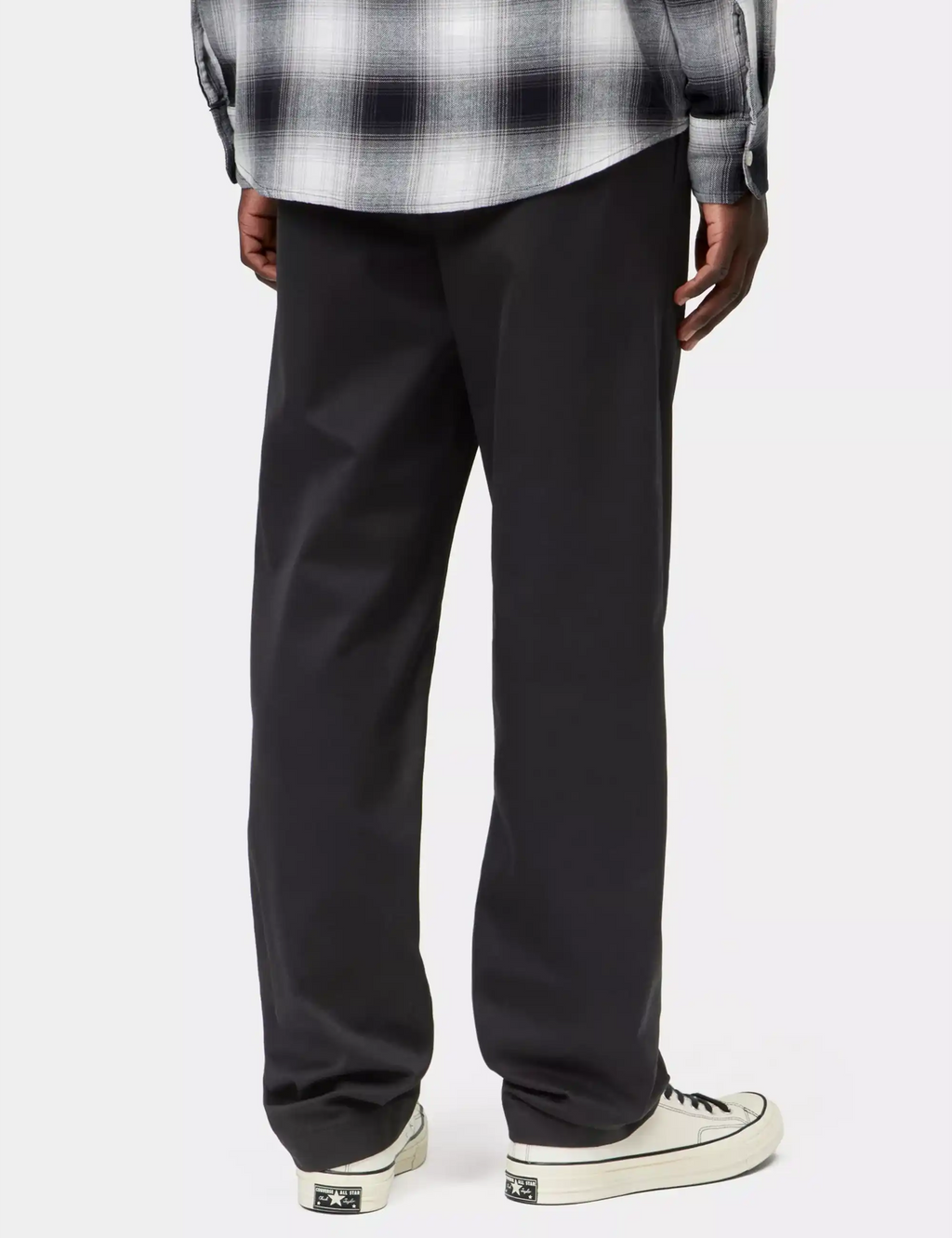 Black straight-leg trousers with belt loops and side pockets