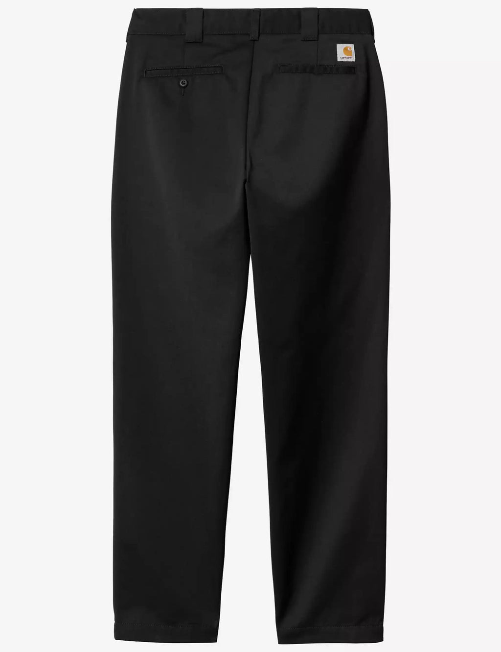 Black trousers with belt loops, pleated front, and rear welt pockets
