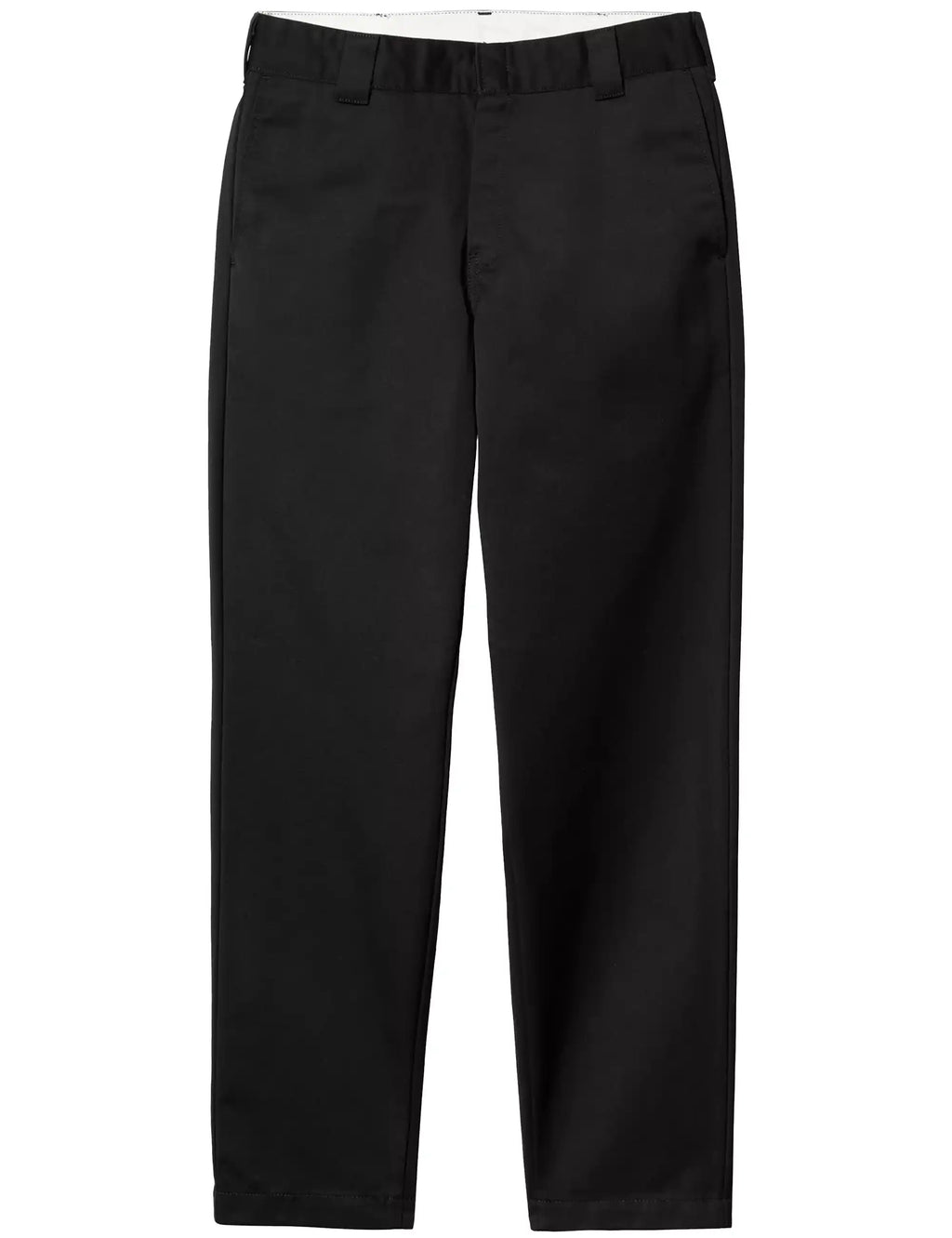 Black flat-front trousers with belt loops and button closure