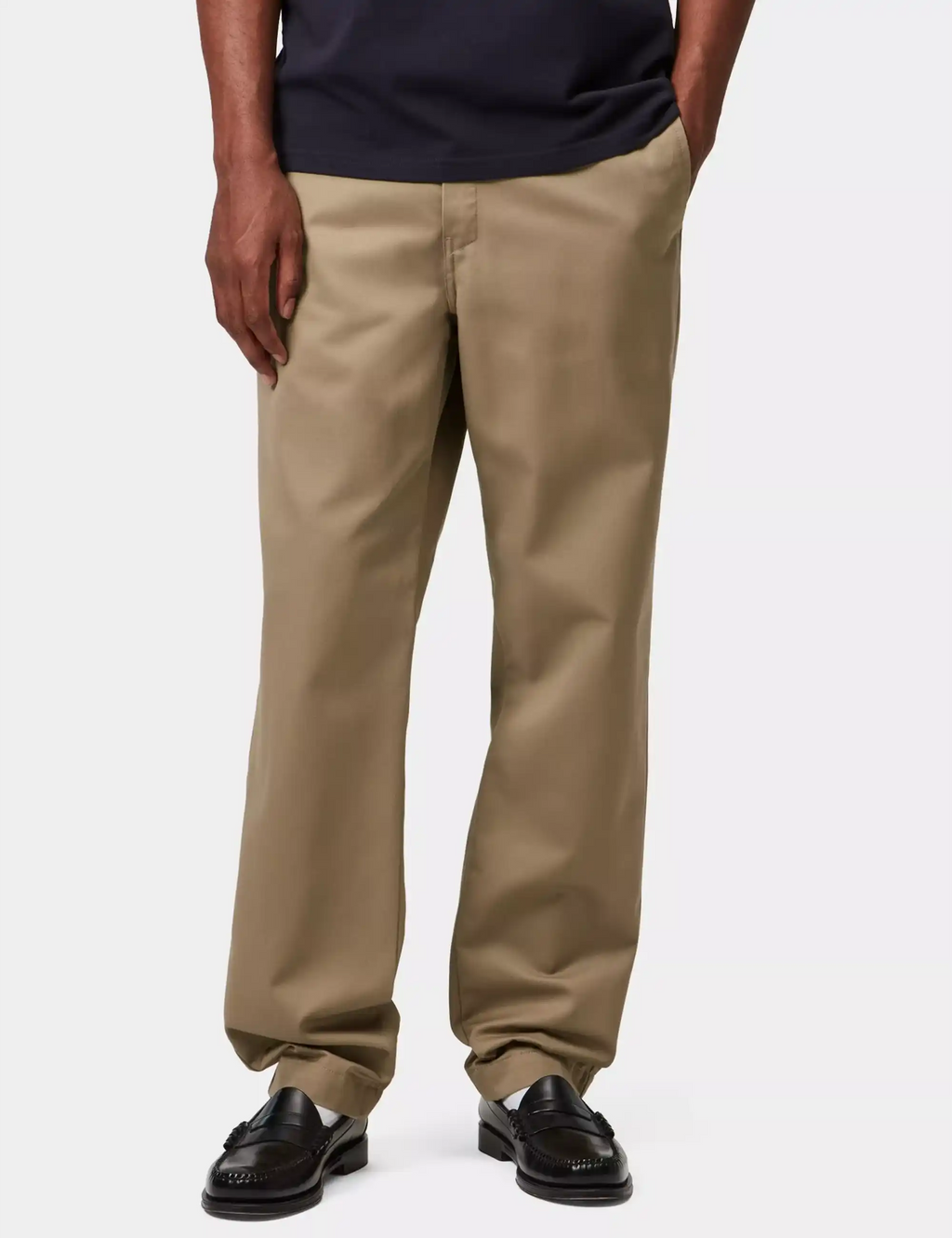 Beige leather straight-leg pants with front pockets and belt loops