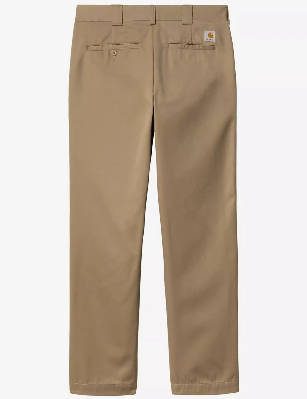 Beige leather pants flat lay with zip fly, front pockets, and logo patch