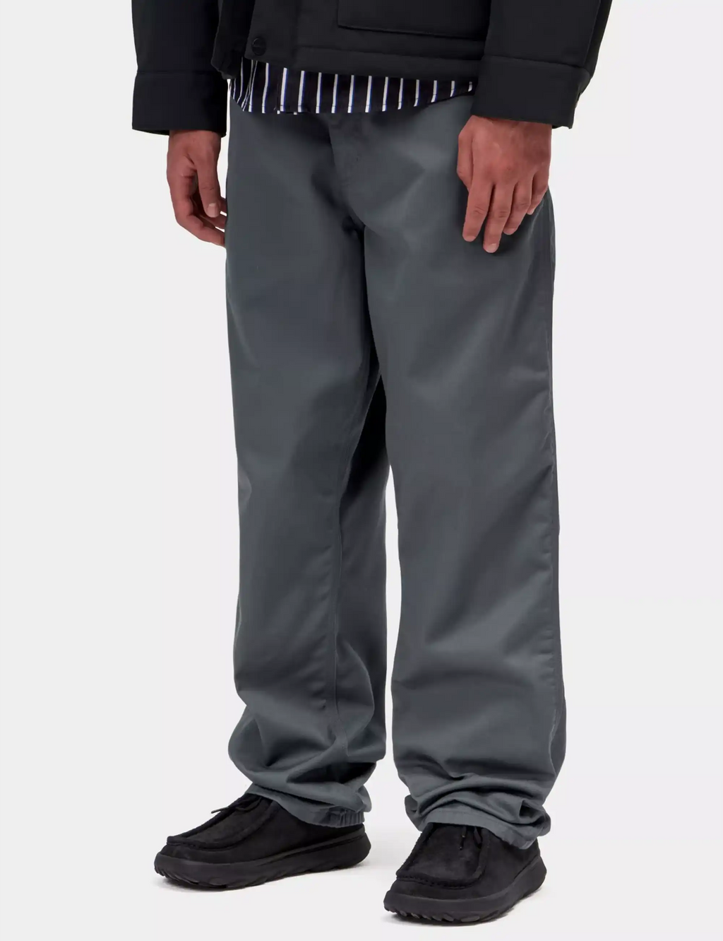 Relaxed work pants in dark slate gray, side view with cuffed hem and pockets