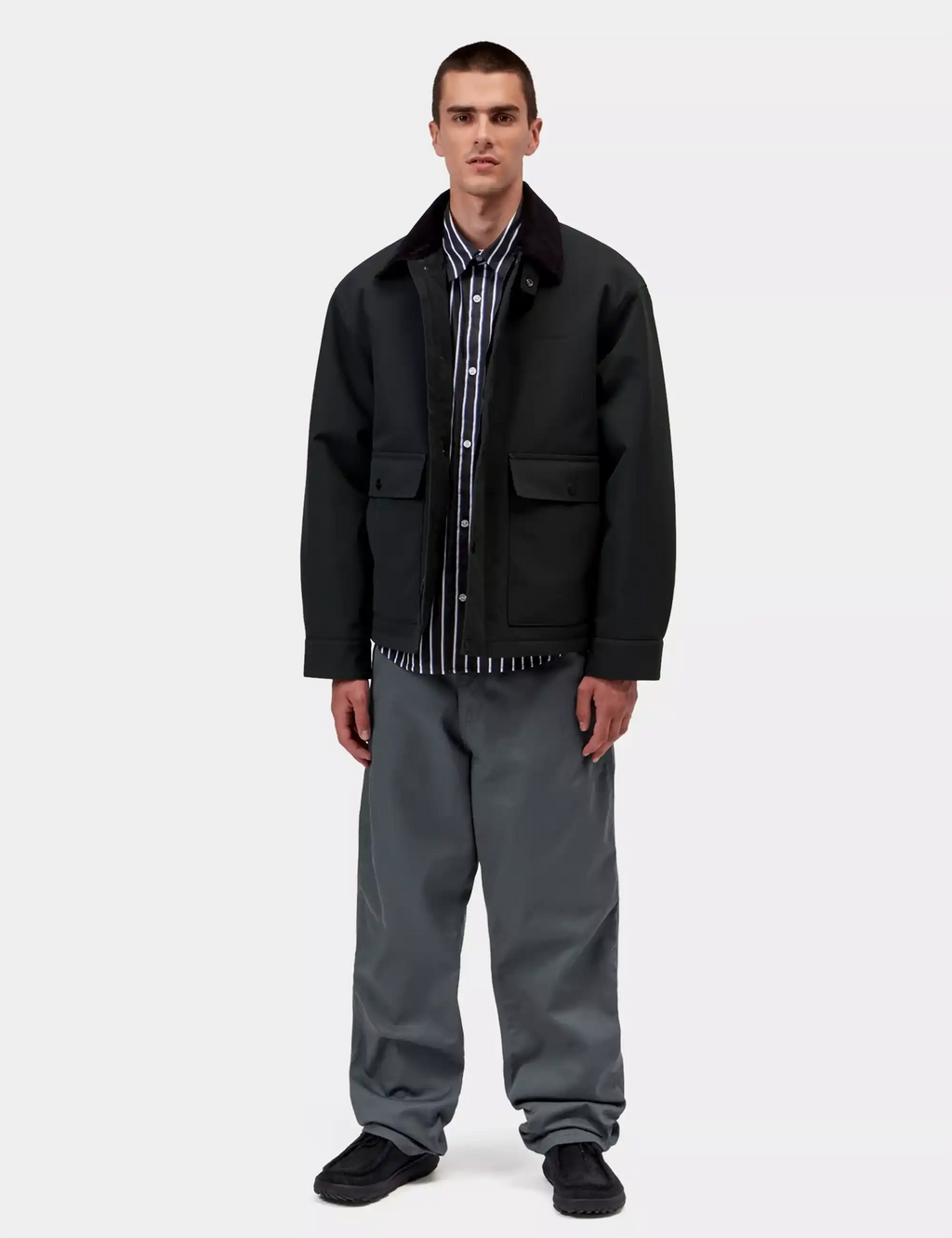 Men's work pants in dark slate gray with front pockets and cuffed hem