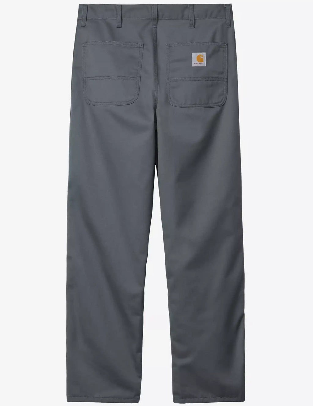 Simple work pants in dark slate gray, with front pockets and logo patch