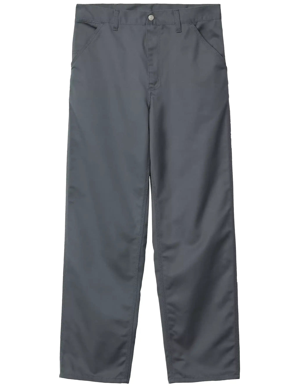 Simple work pants in dark slate gray, front view with button waistband