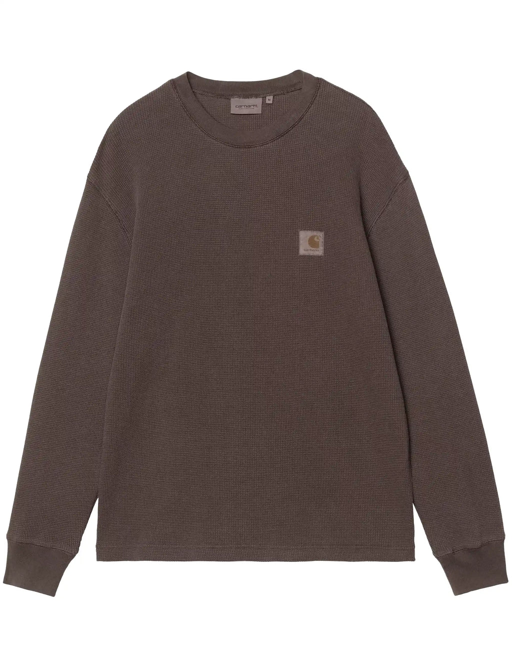 Dark brown long-sleeve waffle t-shirt with small chest logo patch