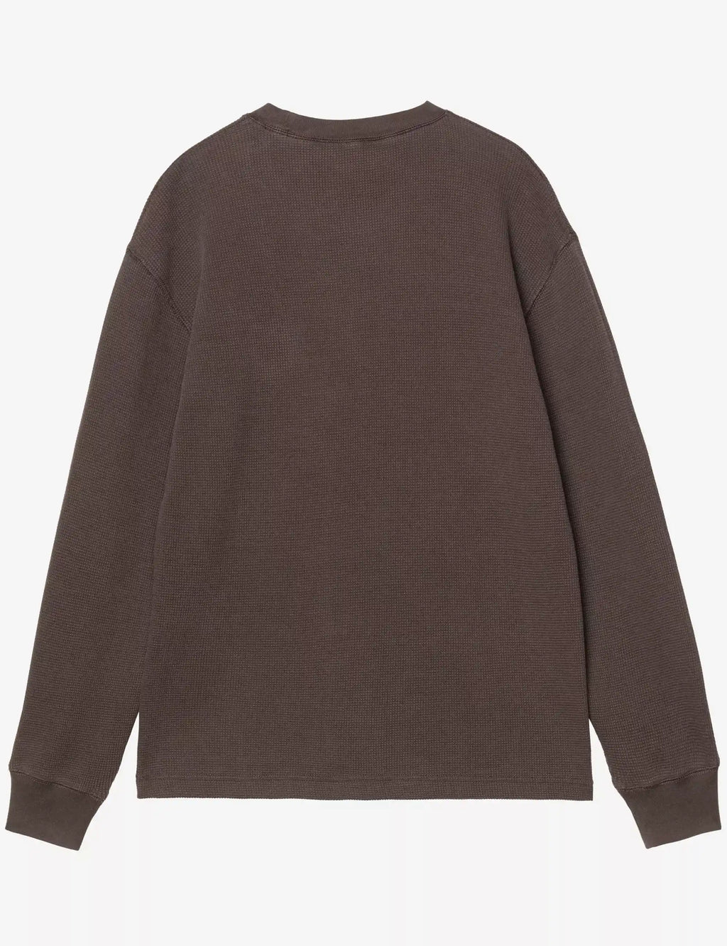Dark brown long-sleeve waffle t-shirt, crew neck, back view