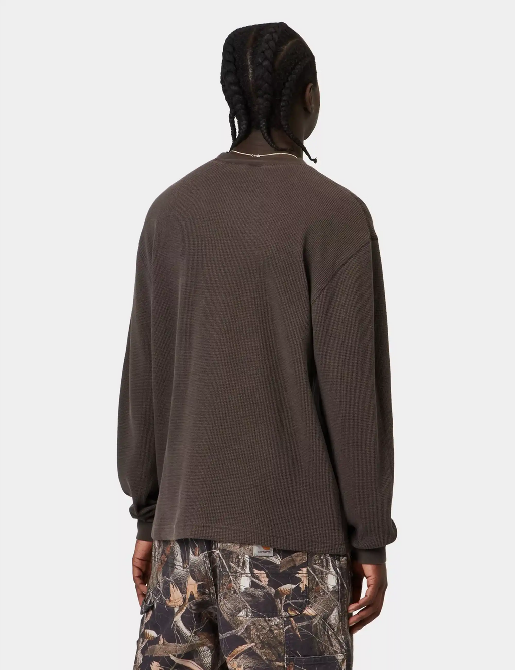 Dark brown long-sleeve waffle t-shirt with crew neck, back view