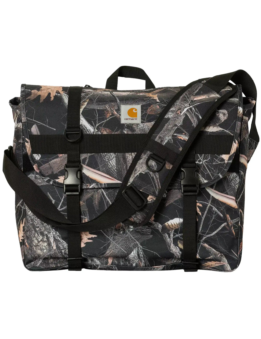 Black camo messenger bag with top handle, adjustable shoulder strap, and front pockets.