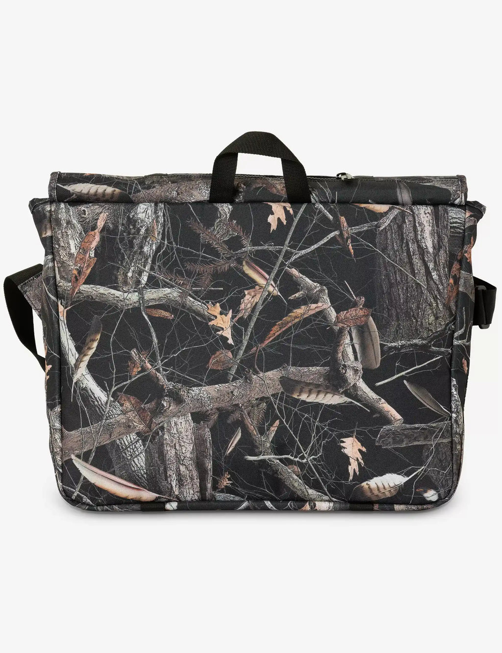Black camo messenger bag with wide front panel, two buckled straps, and top handle.