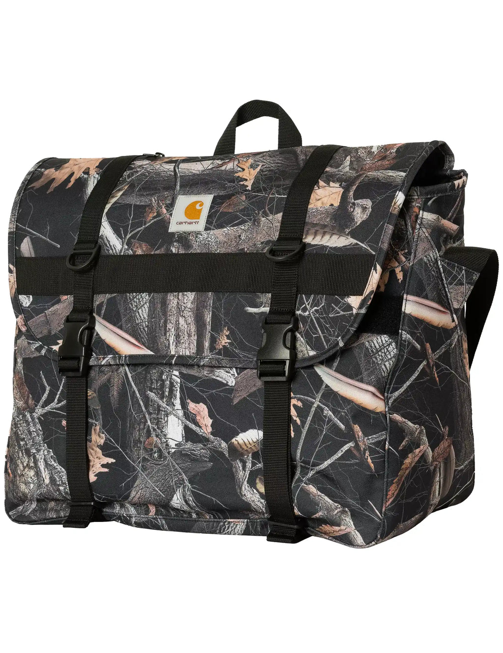 Black camo messenger bag with front flap, two buckled straps, and top handle.