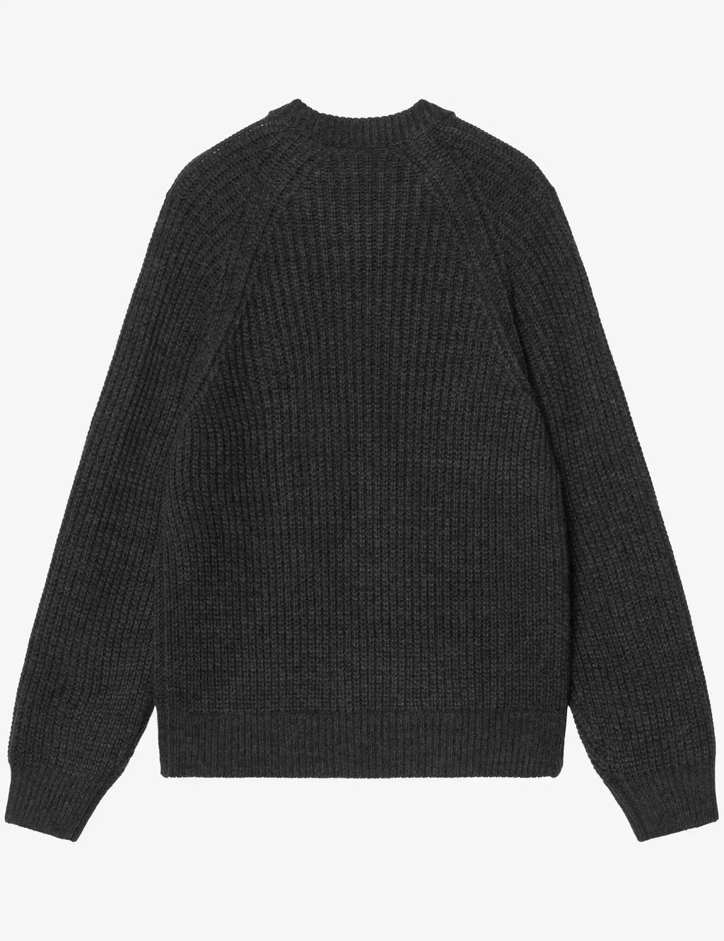 Soot gray knit crew sweater with ribbed neckline, cuffs, and hem