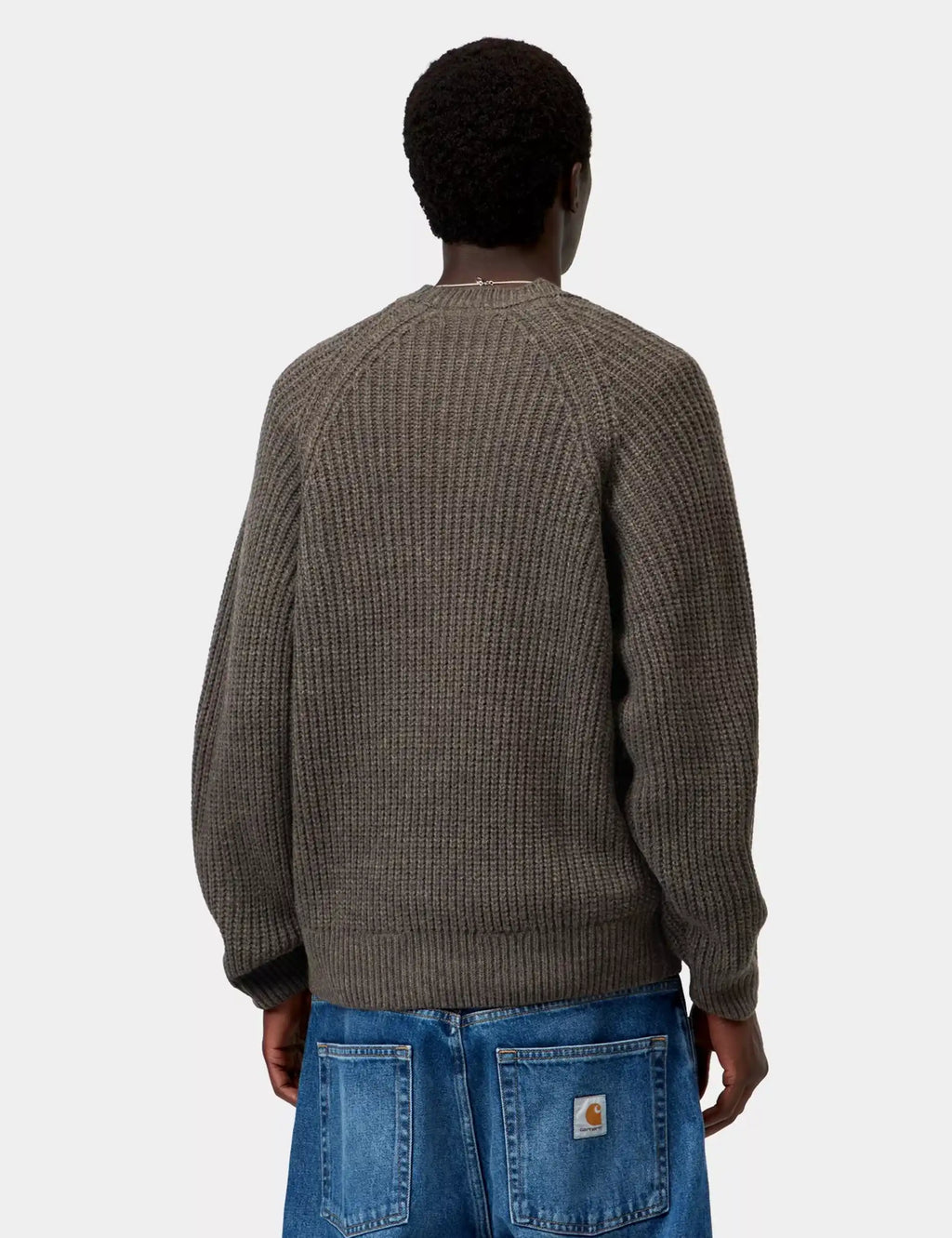 Carhartt WIP dark brown crewneck knit sweater on model, ribbed back and collar