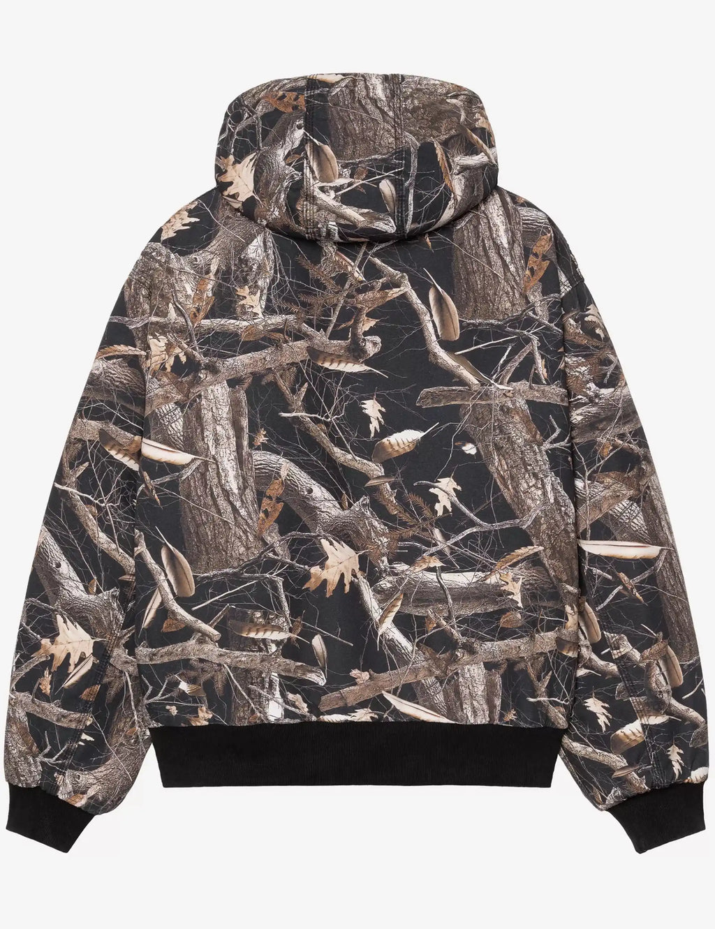 Carhartt WIP OG Active jacket in black feather-tree camouflage, zip-front, hooded.