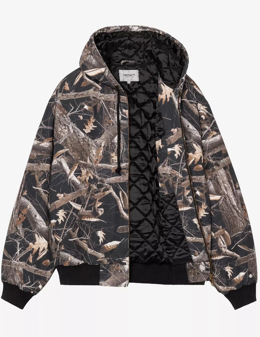 Carhartt WIP OG Active jacket in black feather-tree camouflage, full-zip with black interior.