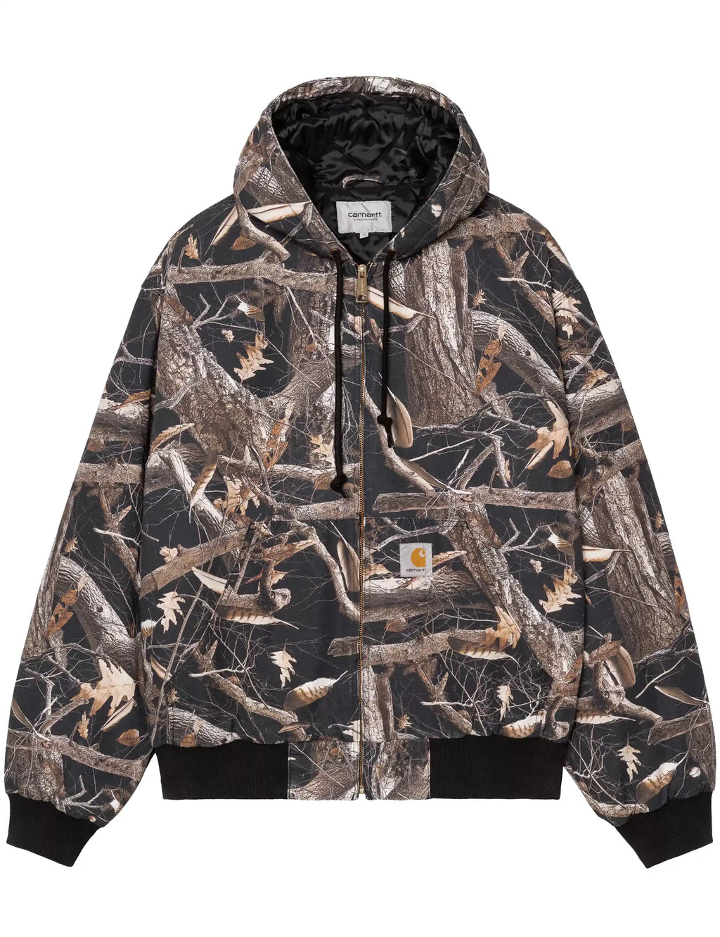Carhartt WIP OG Active jacket in black feather-tree camouflage, zip front, hood detail.