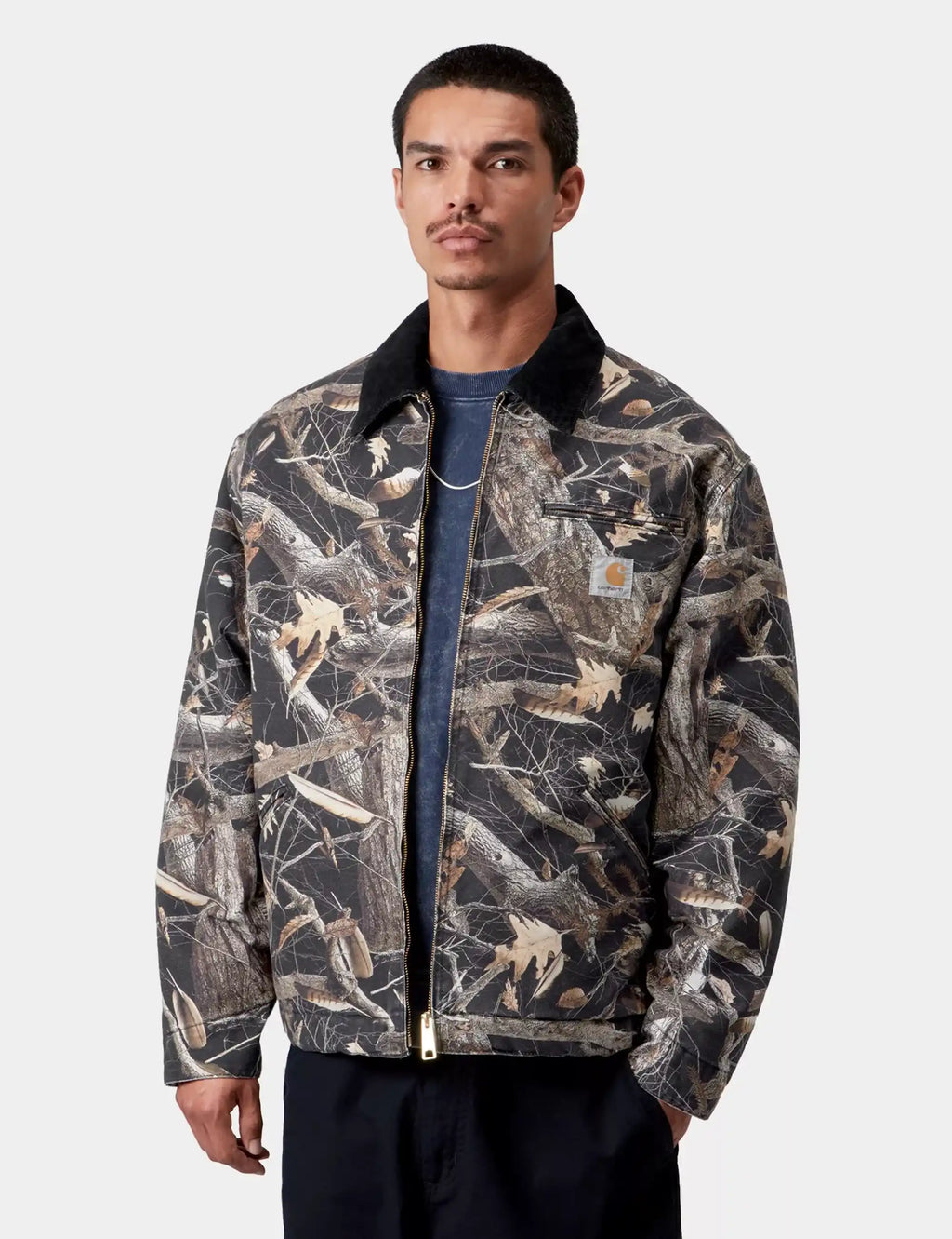 Men's camo feather-pattern work jacket on model, black stand collar and zip front.