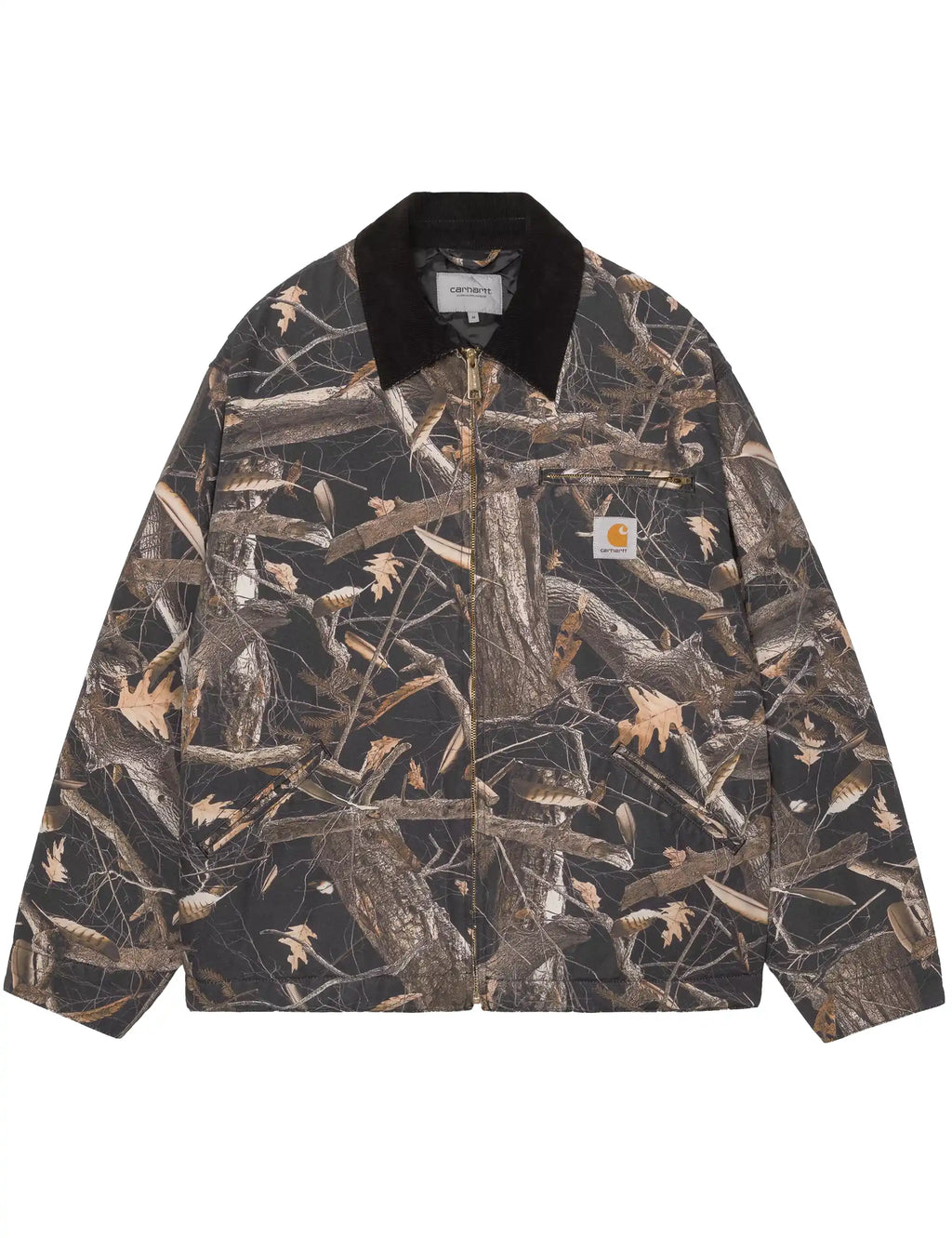 Camo feather-pattern work jacket with black stand collar and full front zipper.