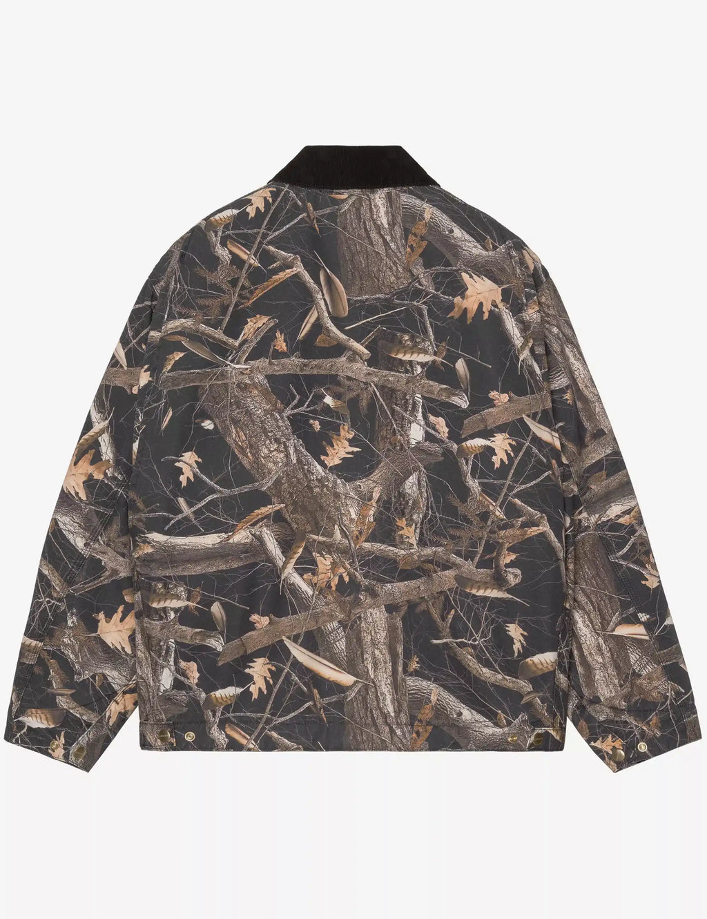 Back view of camo feather-pattern work jacket with black stand collar.