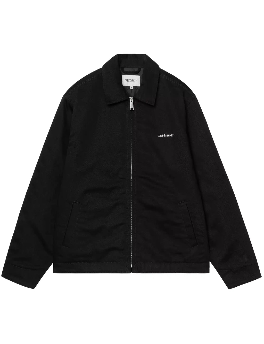 Black zip-up jacket with stand collar and carhartt logo on the chest