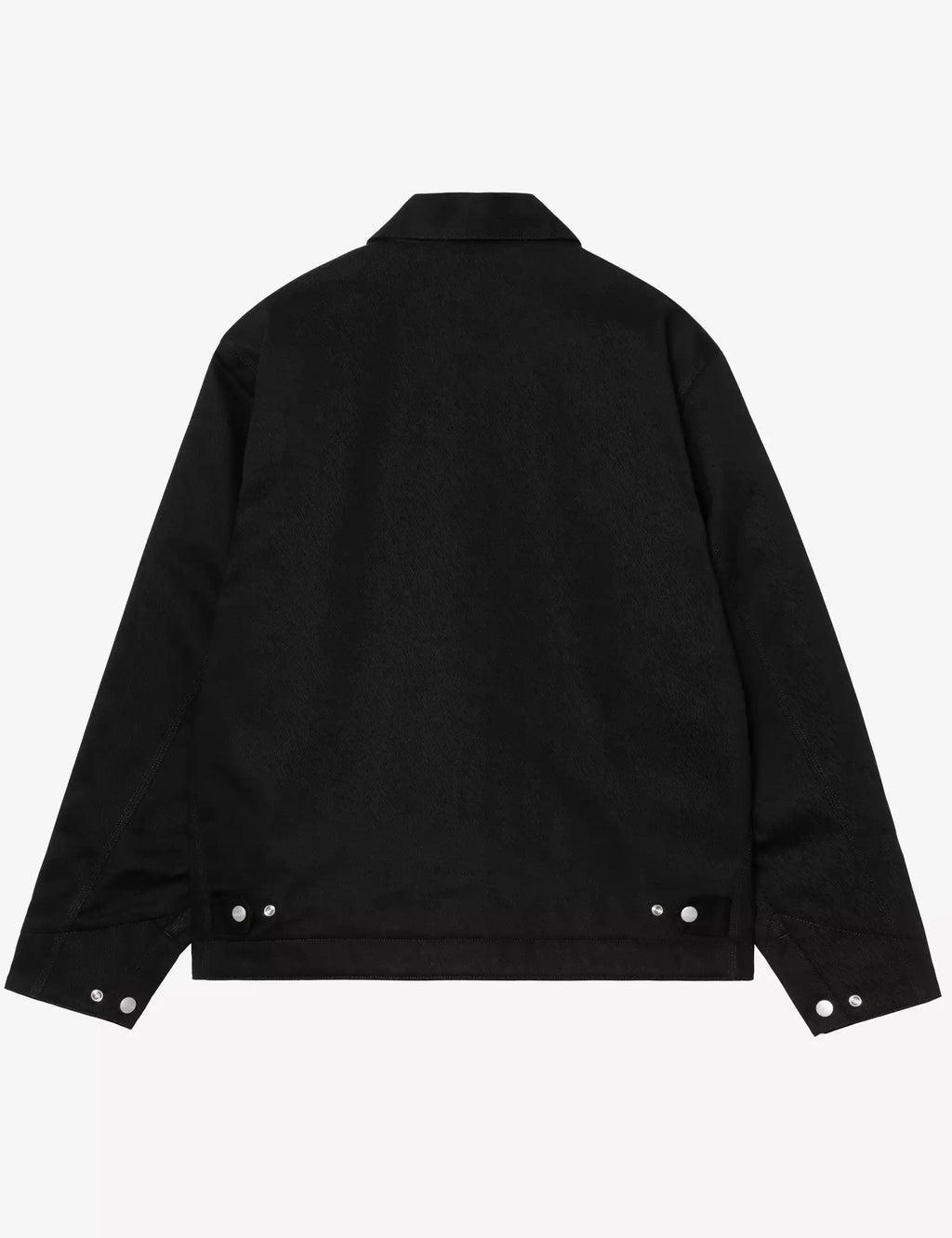 Black jacket back view with stand collar and snap details at the hem