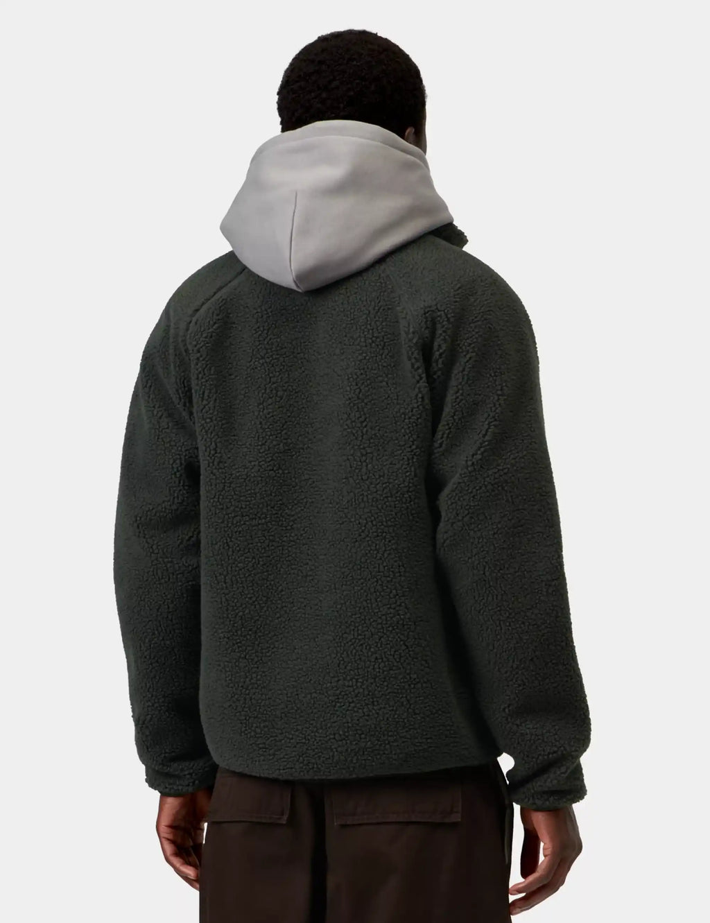 Carhartt WIP men's fleece jacket back, dark green/black sherpa-like fleece, stand collar