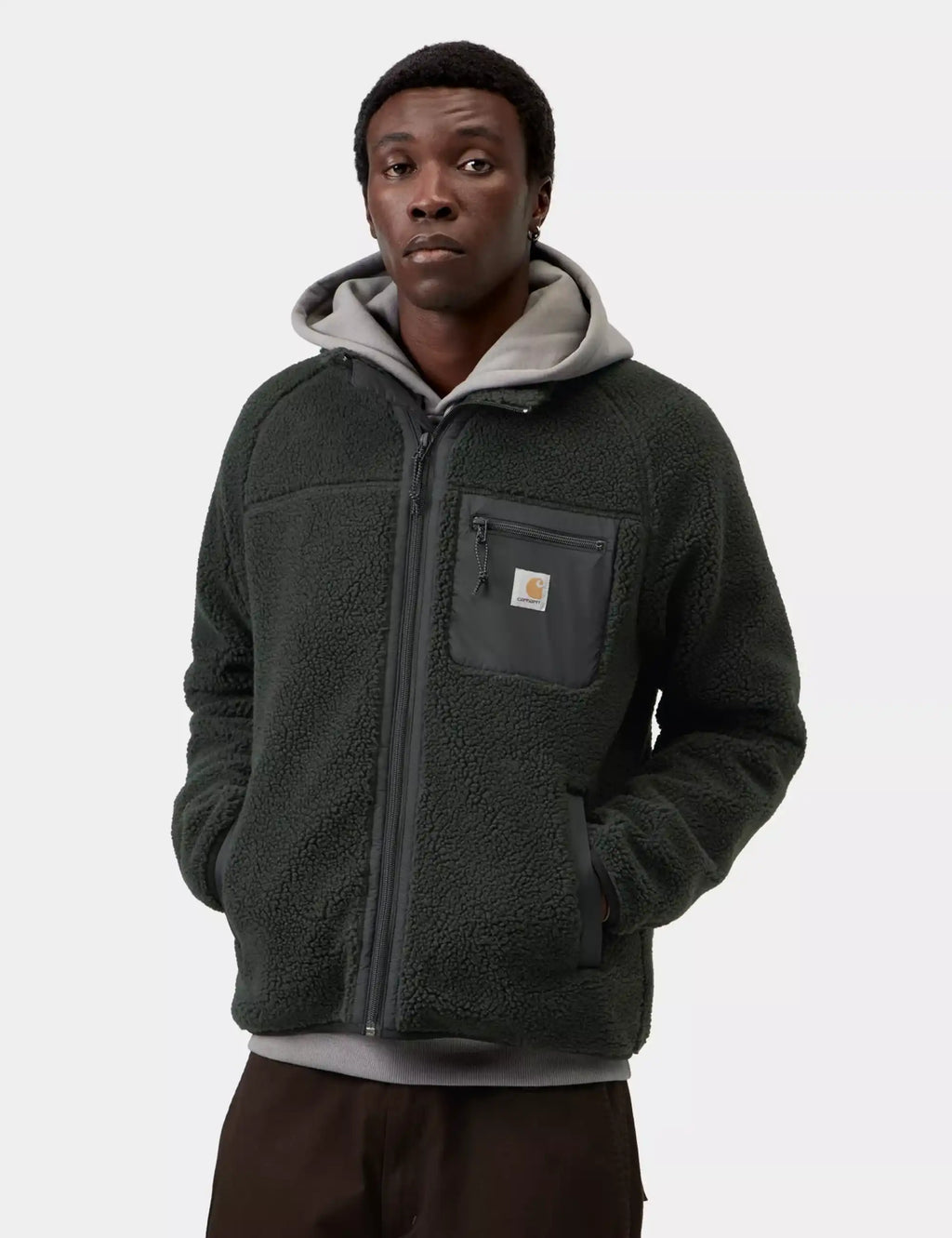 Carhartt WIP men's fleece jacket, dark green/black full-zip with chest logo patch and pockets