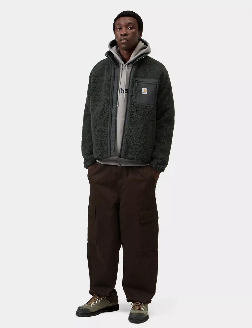 Carhartt WIP men's fleece jacket, dark green/black full-zip sherpa fleece with stand collar