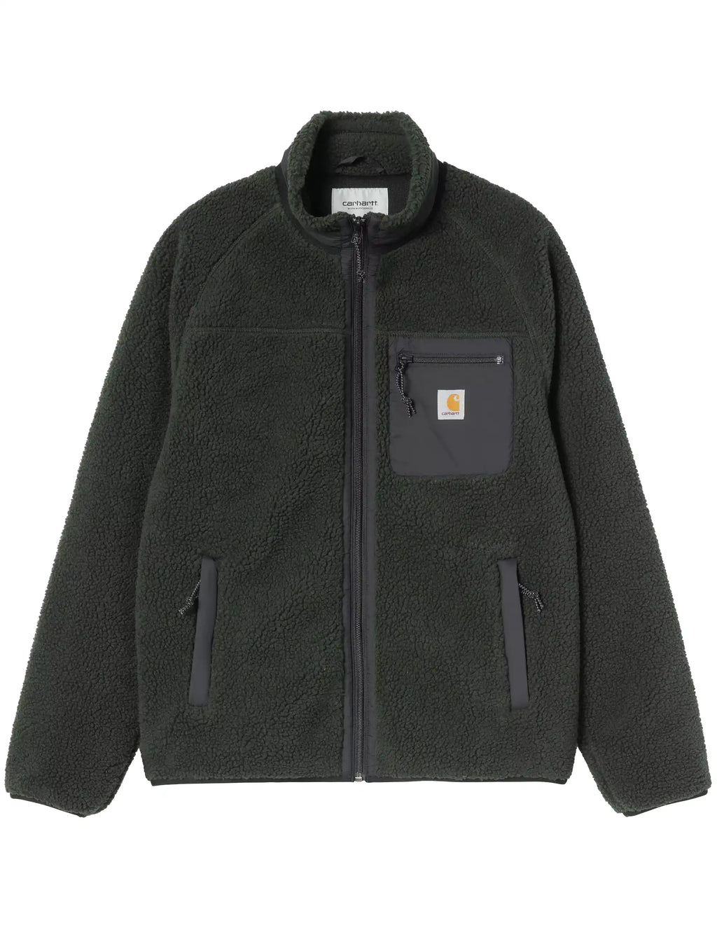 Carhartt WIP men's fleece jacket, dark green/black full-zip, stand collar, chest pocket