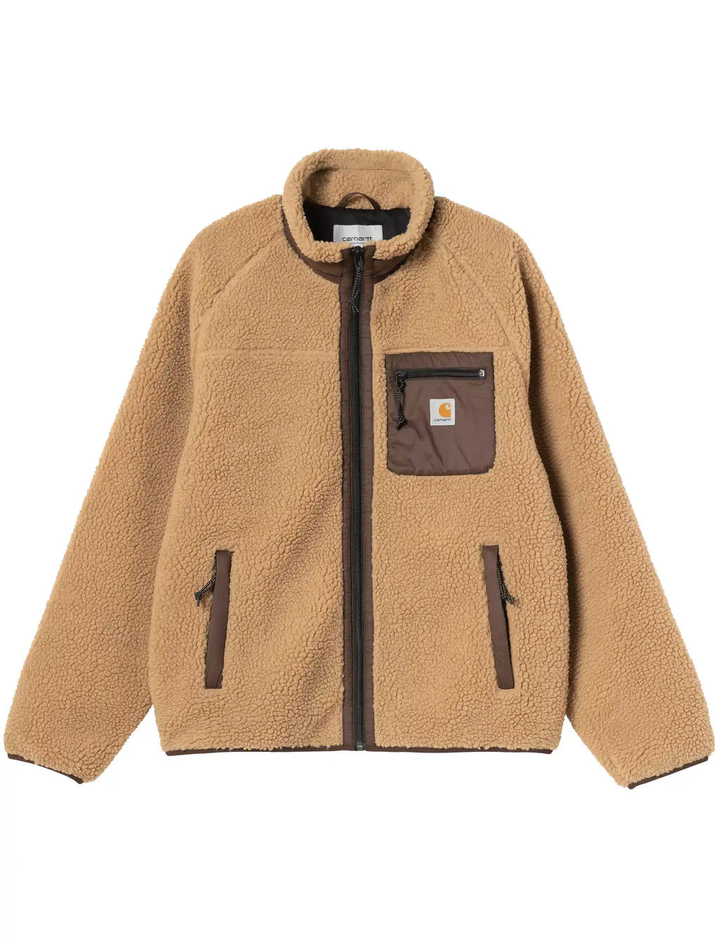 Tan sherpa fleece zip jacket with chest pocket and two side pockets