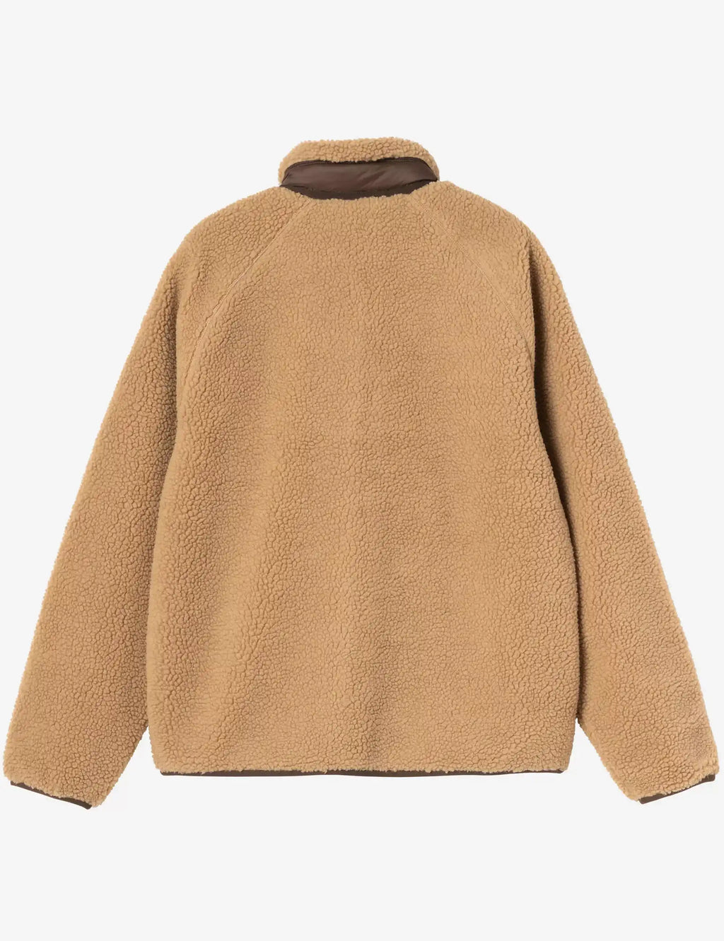 Tan sherpa fleece jacket back view, stand collar, full-length zipper