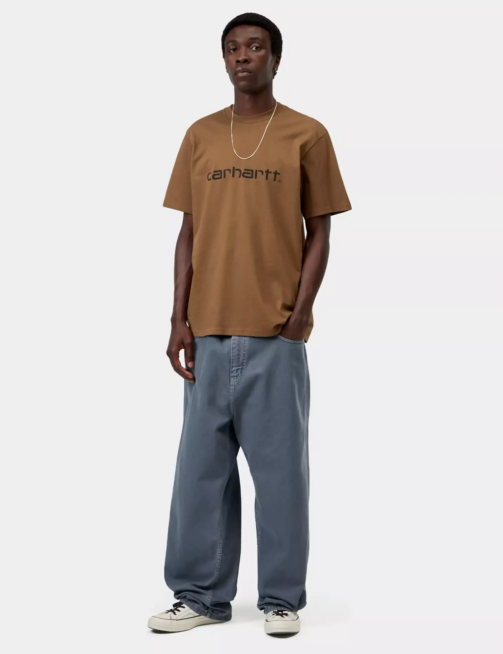 Carhartt WIP script logo T-shirt, brown crew neck and straight hem