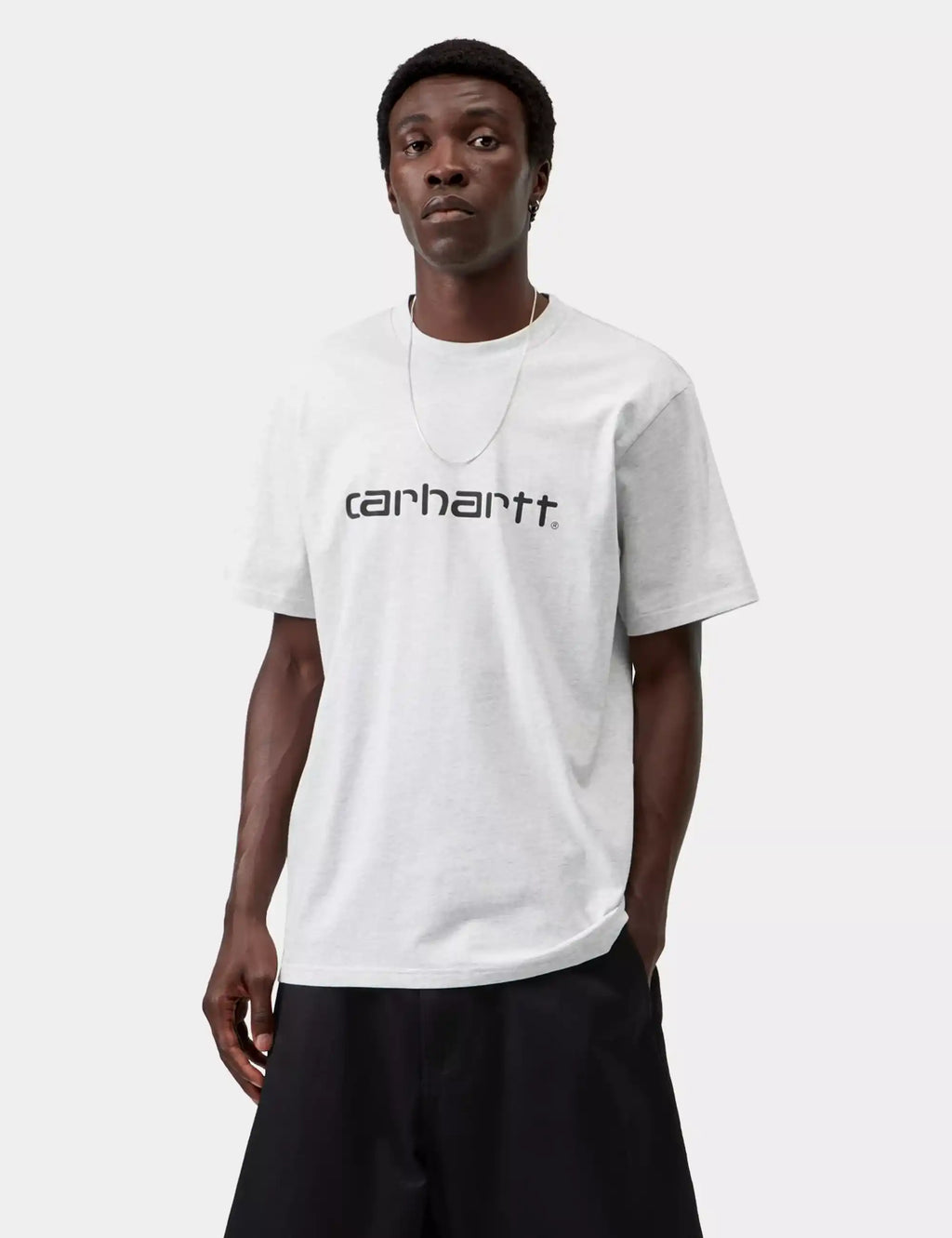 Ash heather Carhartt script T-shirt on model, crew neck, short sleeves