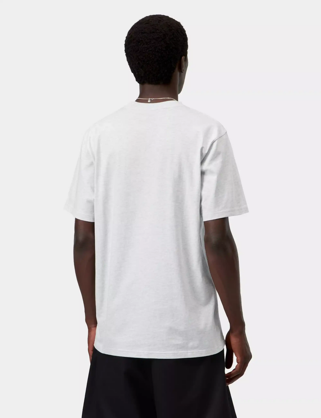 Ash heather T-shirt on model, back view with crew neck and short sleeves