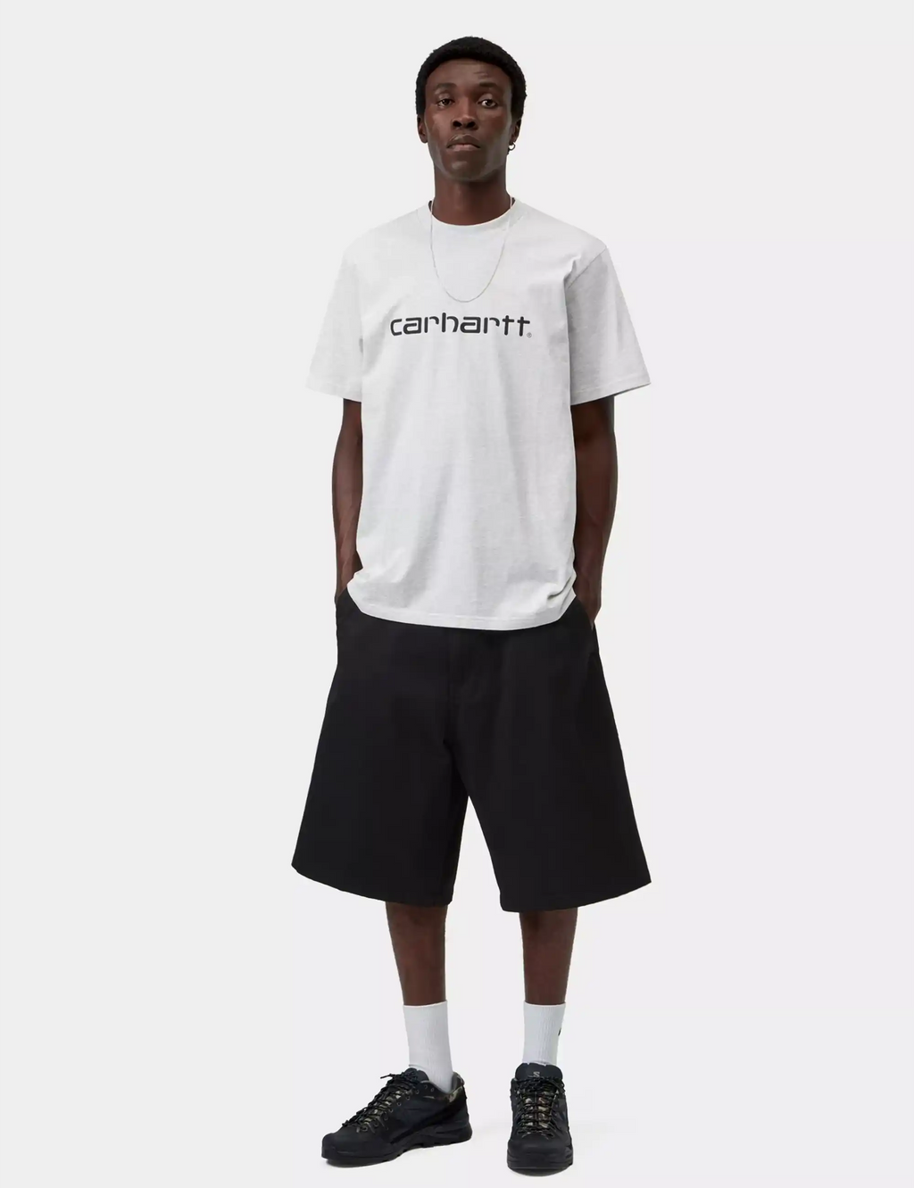 Ash heather Carhartt script T-shirt on model, crew neck, short sleeves