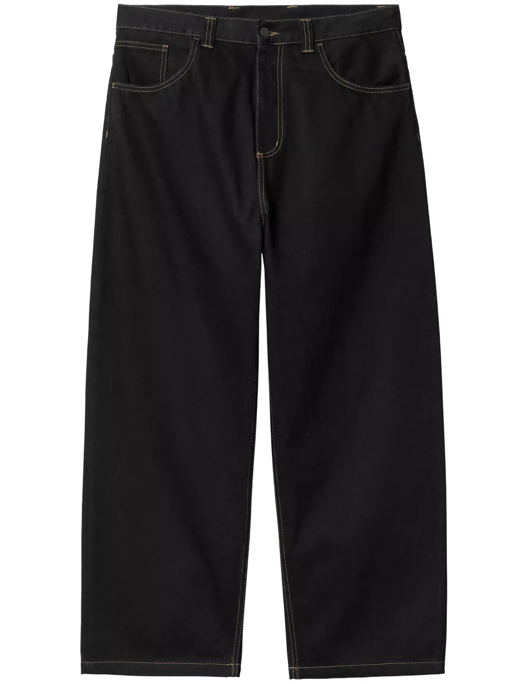 Black denim pants front view with zip fly, belt loops, and stitched front pockets