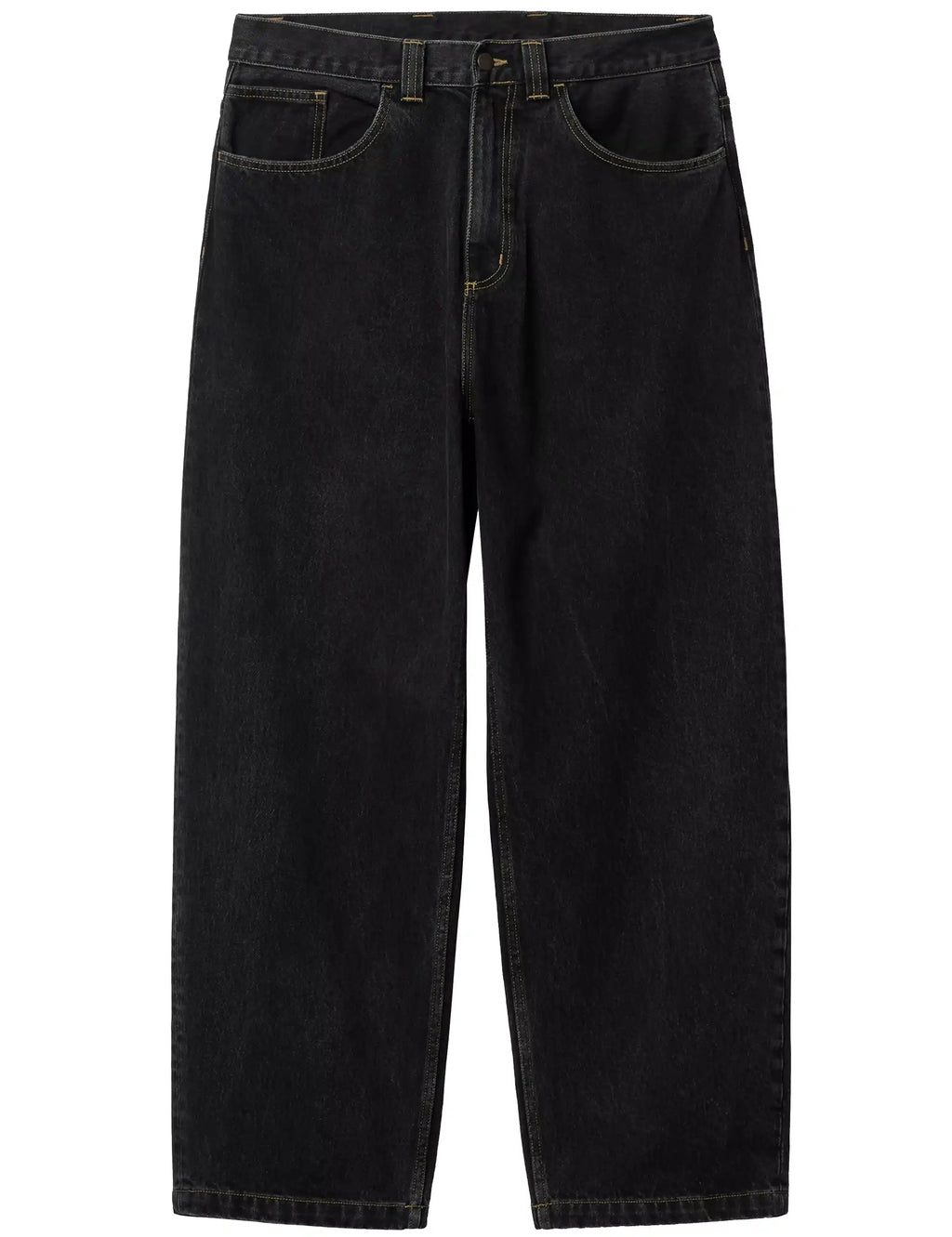Black stone-washed denim pants with belt loops, straight relaxed fit and button closure
