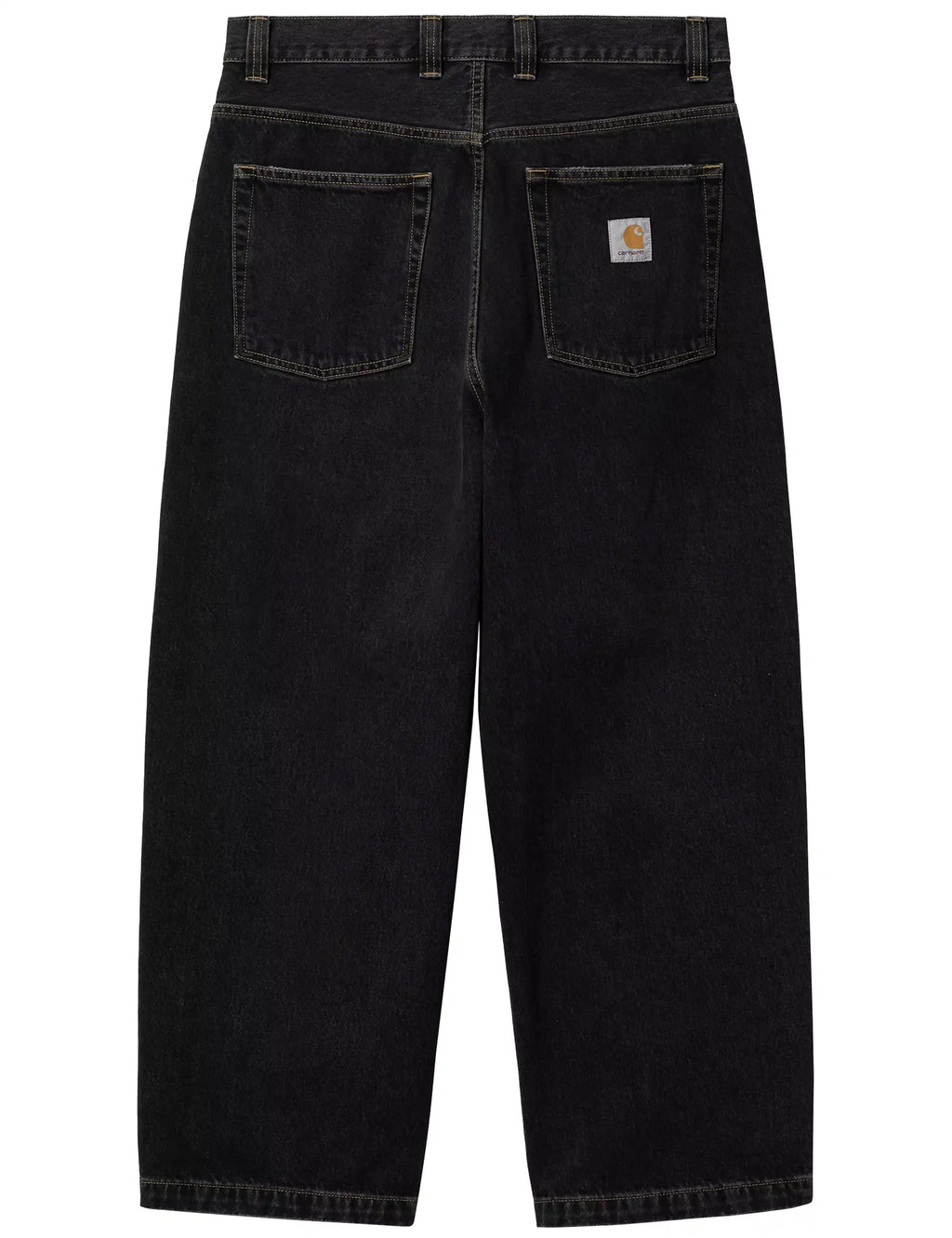 Black stone-washed denim pants with two front pockets, back patch pockets, logo patch
