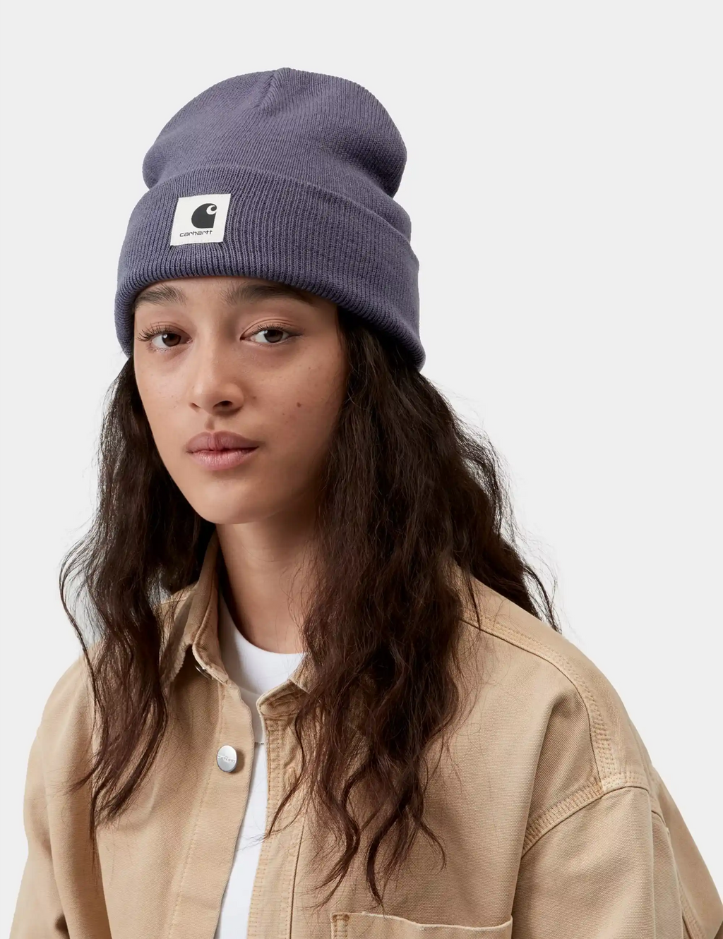 Shady purple knit beanie hat with Carhartt logo patch, folded cuff