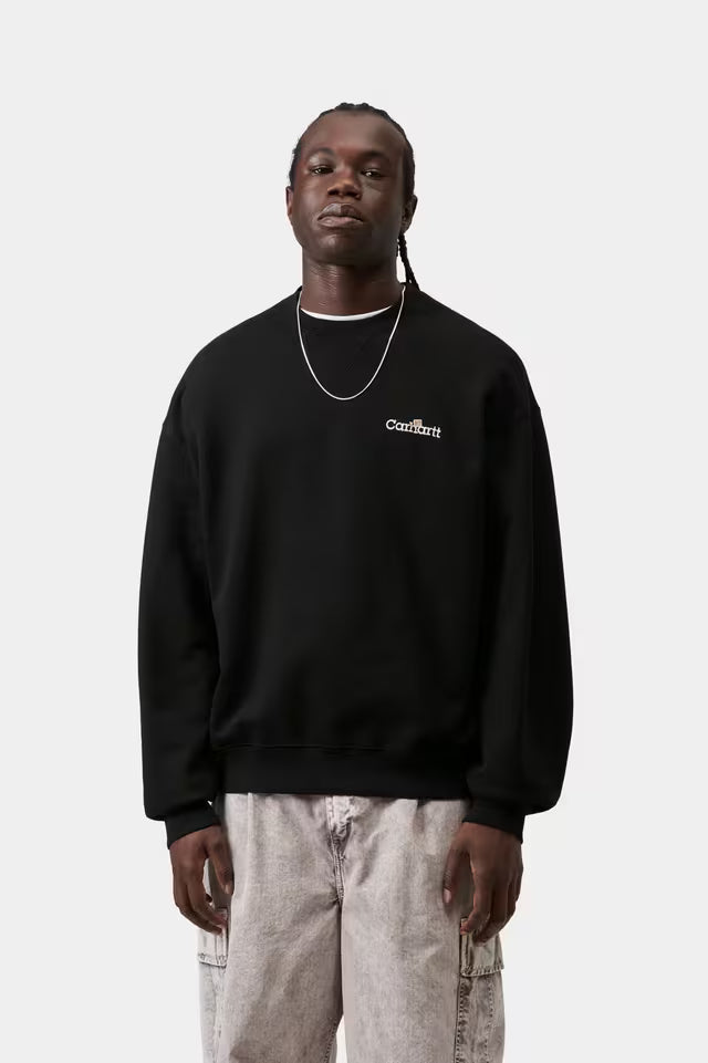 Black crewneck sweatshirt with small Carhartt logo on chest