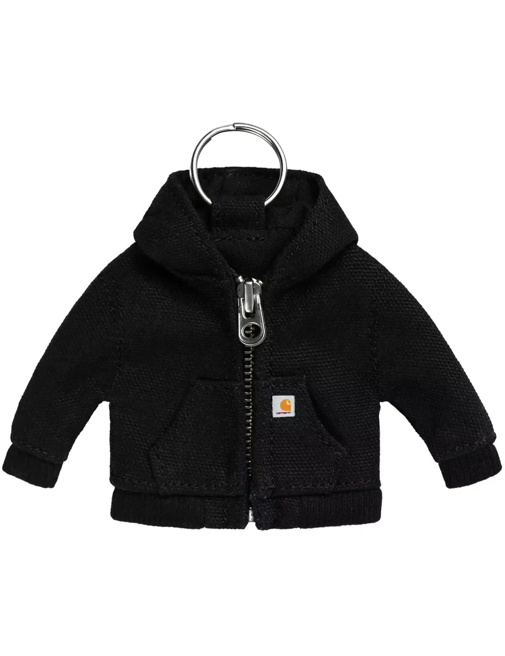 Mini active jacket keychain, black fabric, zip-front, small logo patch, metal keyring
