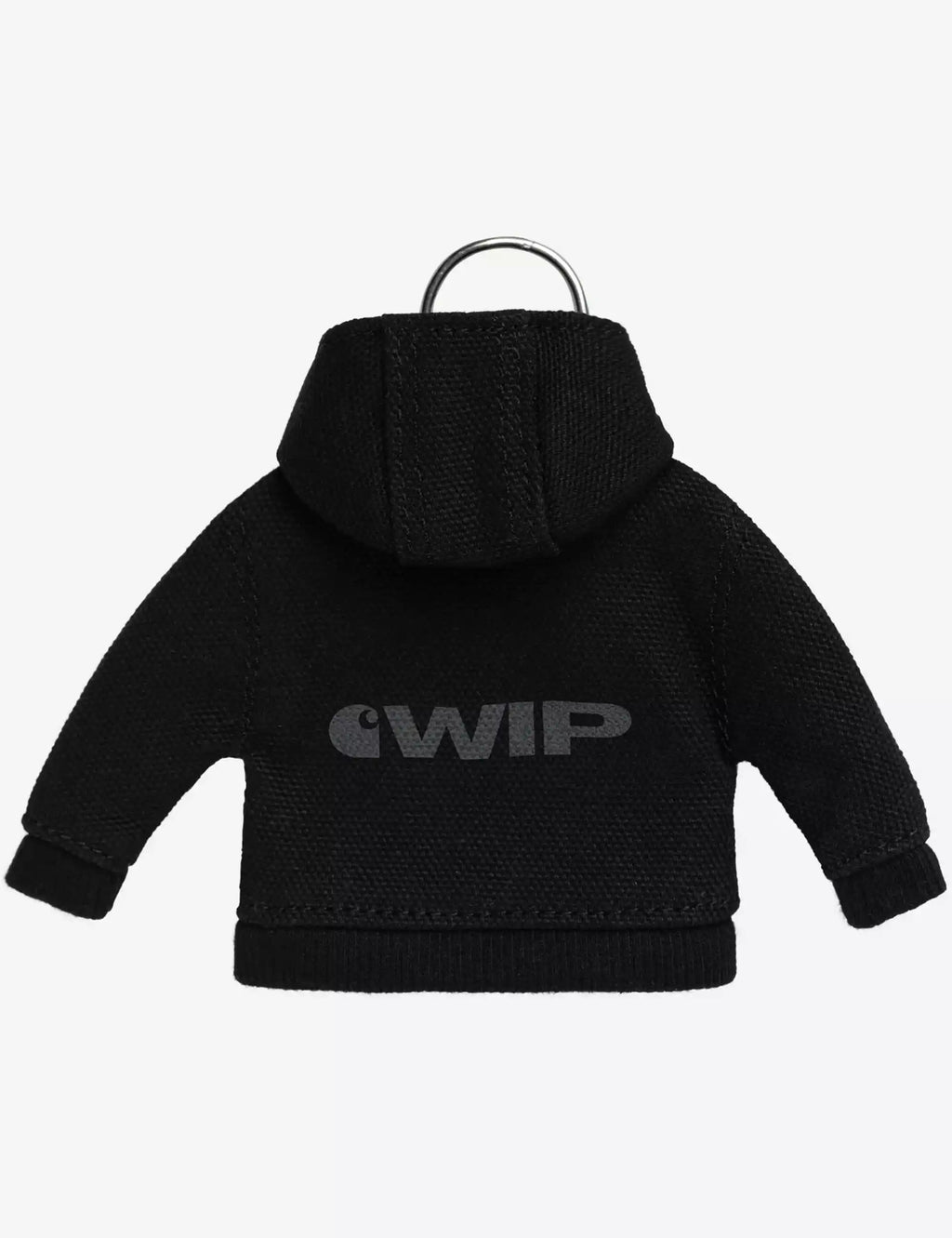 Mini active jacket keychain, black back with logo text, hood, metal keyring