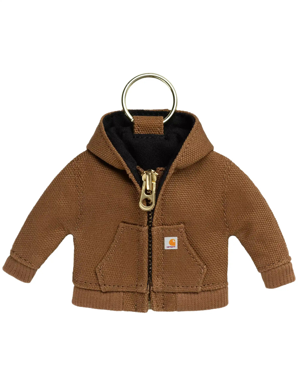 Mini brown hoodie jacket keychain with front zip and metal key ring