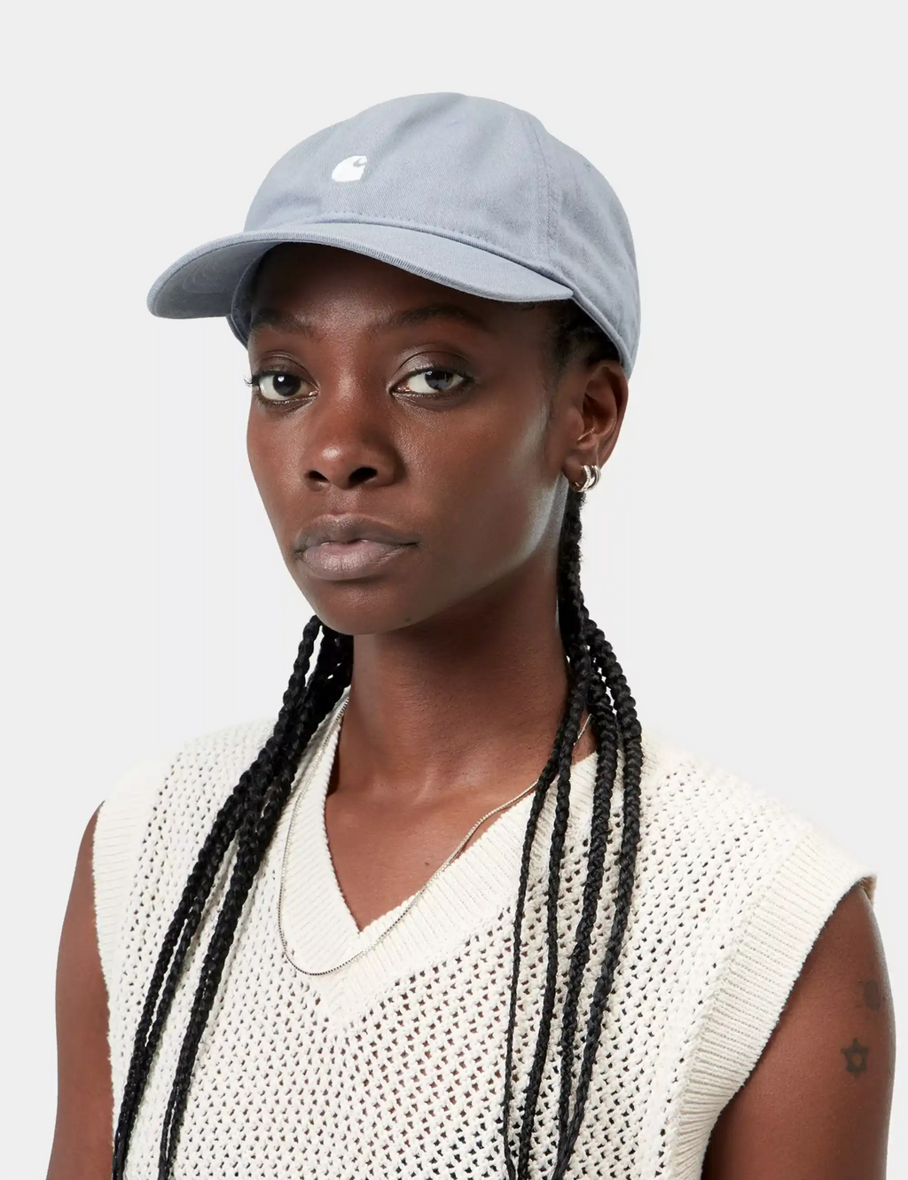 Madison logo baseball cap in blue-gray with white front emblem